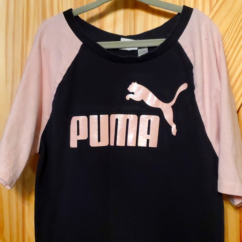 Puma Raglan Tee Pink Black Shirt Girls Size 8/10